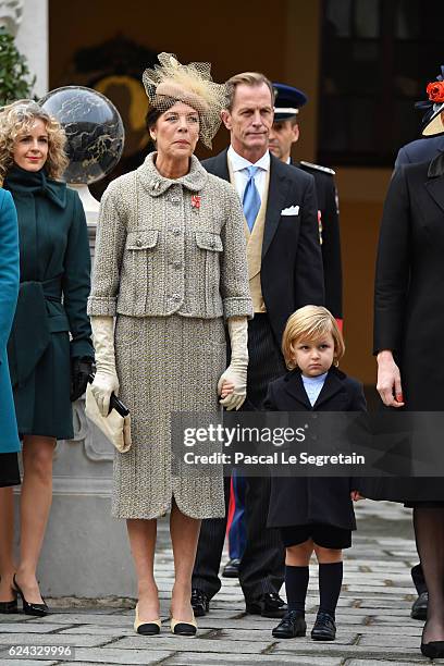 Princess Caroline of Hanover and Sacha Casiraghi attend the Monaco National Day Celebrations in the Monaco Palace Courtyard on November 19, 2016 in...