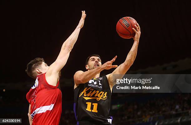 Kevin Lisch of the Kings drives to the basket during the round seven NBL match between the Sydney Kings and the Perth Wildcats at Qudos Bank Arena on...