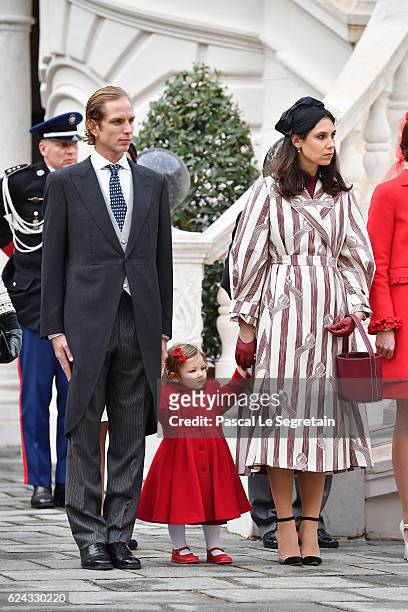 Andrea Casiraghi, his daughter India and Tatiana Santo Domingo attend the Monaco National Day Celebrations in the Monaco Palace Courtyard on November...