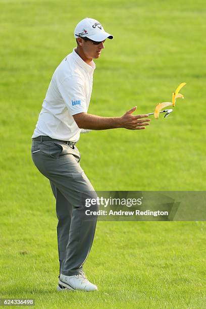 Nicolas Colsaerts of Belgium and a banana skin on the 12th hole during day three of the DP World Tour Championship at Jumeirah Golf Estates on...