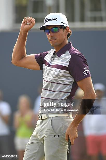 Rafa Cabrera-Bello of Spain reacts on the 18th green during day three of the DP World Tour Championship at Jumeirah Golf Estates on November 19, 2016...