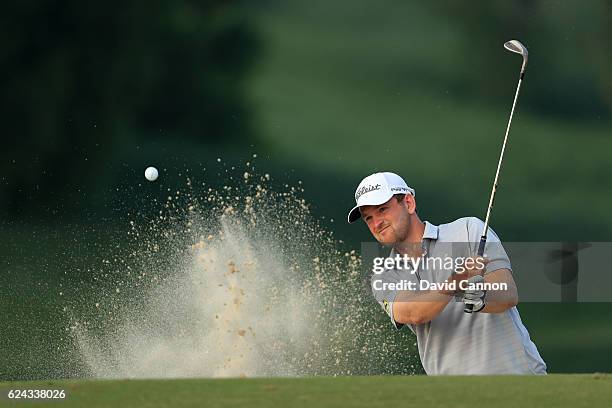 Bernd Wiesberger of Austria hits his third shot on the 14th hole during day three of the DP World Tour Championship at Jumeirah Golf Estates on...