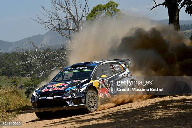 Andreas Mikkelsen of Norway and Anders Jaeger of Norway compete in their Volkswagen Motorsport N Volkswagen Polo R WRC during Day Two of the WRC...