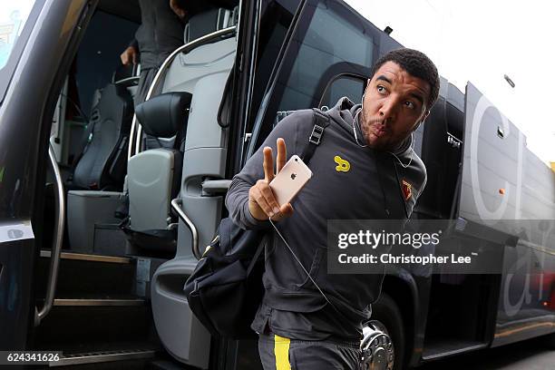 Troy Deeney of Watford arrives at the stadiium prior to kick off during the Premier League match between Watford and Leicester City at Vicarage Road...