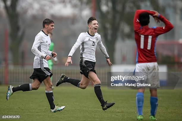 Max Brandt of Germany celebrates his goal during the international friendly match between U16 Czech Republic and U16 Germany on November 19, 2016 in...