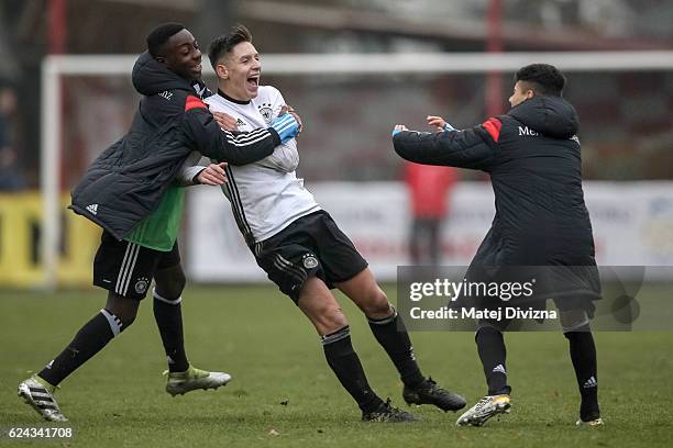 Max Brandt of Germany celebrates his goal with his team-mates during the international friendly match between U16 Czech Republic and U16 Germany on...