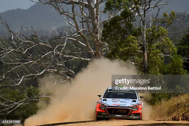 Hayden Paddon of New Zealand and John Kennard of New Zealand compete in their Hyundai Motorsport WRT Hyundai i20 WRC during Day Two of the WRC...