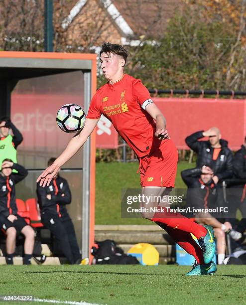 Conor Masterson of Liverpool in action during the Liverpool v Manchester United U18 Premier League game at the Liverpool Football Club Academy on...