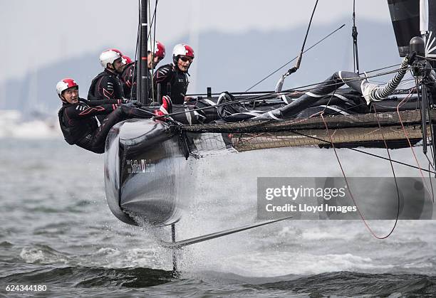 SoftBank Team Japan skippered by Dean Barker with Japanese team mate Kazuhiko Sofuku in action during The Louis Vuitton Americas Cup World Series...