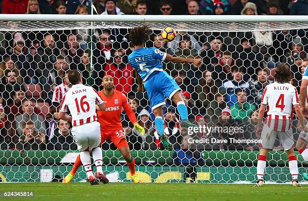 Nathan Ake of AFC Bournemouth scores his sides first goal during the Premier League match between Stoke City and AFC Bournemouth at Bet365 Stadium on...