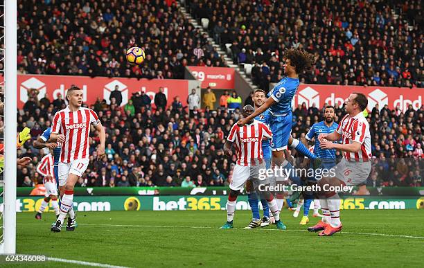 Nathan Ake of AFC Bournemouth scores his sides first goal during the Premier League match between Stoke City and AFC Bournemouth at Bet365 Stadium on...