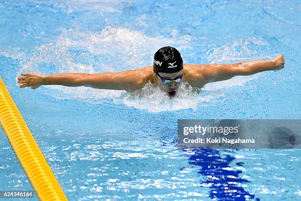 Masato Sakai of Japan competes in the Men's 200m Butterfly final during the 10th Asian Swimming Championships 2016 at the Tokyo Tatsumi International...