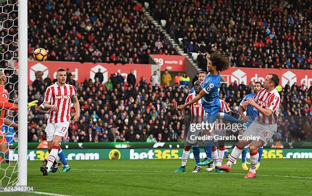 Nathan Ake of AFC Bournemouth scores his sides first goal during the Premier League match between Stoke City and AFC Bournemouth at Bet365 Stadium on...