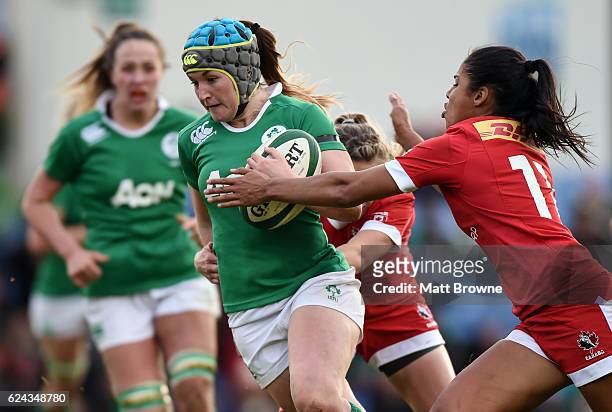 Leinster , Ireland - 19 November 2016; Anna Caplice of Ireland is tackled by Magali Harvey of Canada during the Women's Autumn International match...