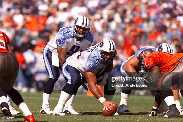 Quarterback Steve McNair of the Tennessee Titans prepares to receive the ball from Bruce Matthews during the game against the Tampa Bay Buccaneers at...
