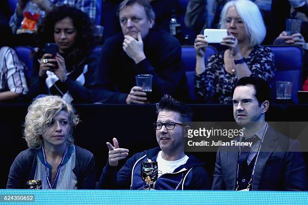 Comedian Jimmy Carr watches the action during the men's singles semi final between Andy Murray of Great Britain and Milos Raonic of Canada on day...