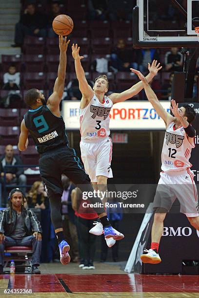 Aaron Harrison of the Greensboro Swarm drives to the basket and shoots the ball over E.J. Singler of the Raptors 905 on November 18, 2016 at the...