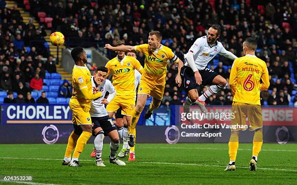 Bolton Wanderers' Tom Thorpe scores his sides second goal during the Sky Bet League One match between Bolton Wanderers and Millwall at Macron Stadium...