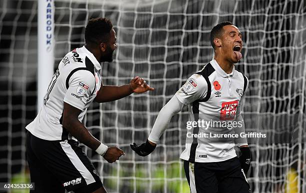 Tom Ince of Derby County celebrates his second goal with Darren Bent during the Sky Bet Championship match between Derby County and Rotherham United...