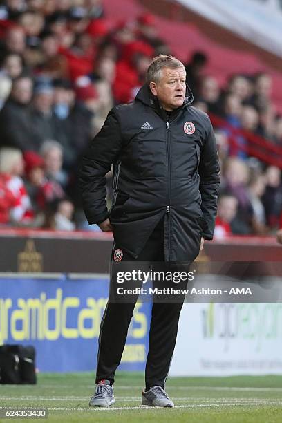 Chris Wilder the manager / head coach of Sheffield United during the Sky Bet League One match between Sheffield United and Shrewsbury Town at Bramall...