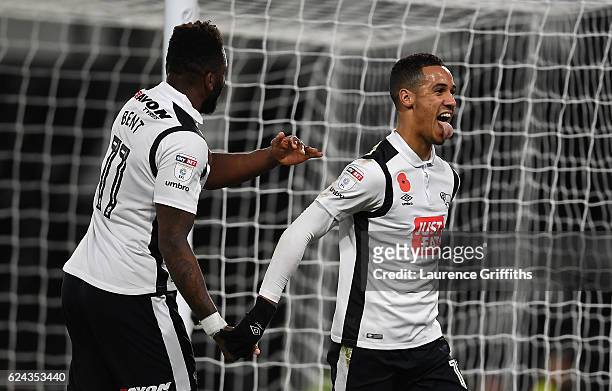 Tom Ince of Derby County celebrates his second goal with Darren Bent during the Sky Bet Championship match between Derby County and Rotherham United...