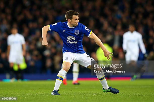 Seamus Coleman of Everton celebrates scoring his sides first goal during the Premier League match between Everton and Swansea City at Goodison Park...
