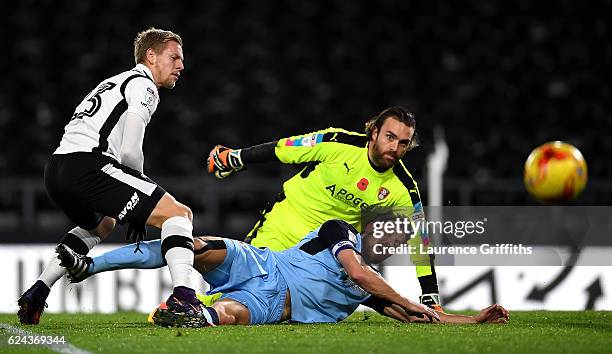 Matej Vydra of Derby County battles with Lee Camp and Richard Wood of Rotherham United during the Sky Bet Championship match between Derby County and...