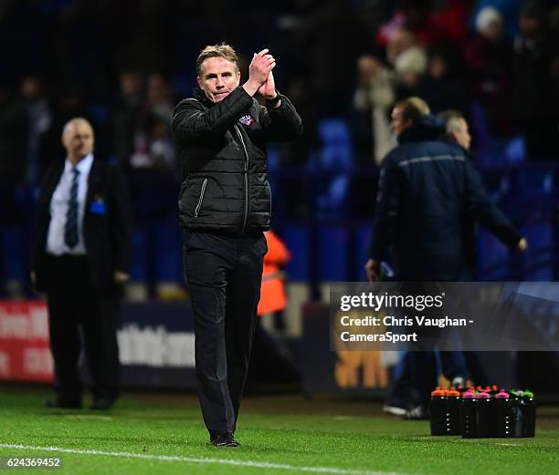 Bolton Wanderers manager Phil Parkinson applauds the fans at the end of the Sky Bet League One match between Bolton Wanderers and Millwall at Macron...