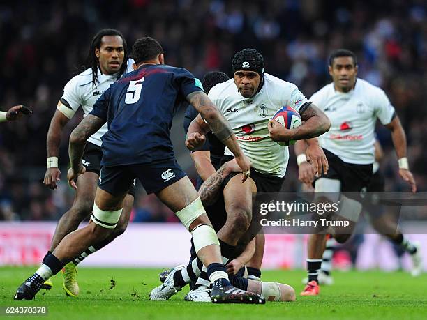 Akapusi Qera of Fiji charges upfield during the Old Mutual Wealth series match between England and Fiji at Twickenham Stadium on November 19, 2016 in...