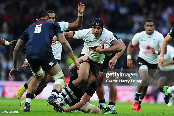 Akapusi Qera of Fiji charges upfield during the Old Mutual Wealth series match between England and Fiji at Twickenham Stadium on November 19, 2016 in...