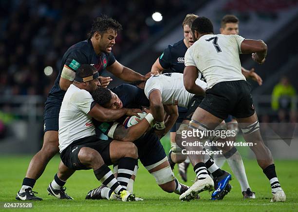 England's Nathan Hughes in action during the Autumn International match between England v Fiji at Twickenham Stadium on November 19, 2016 in London,...