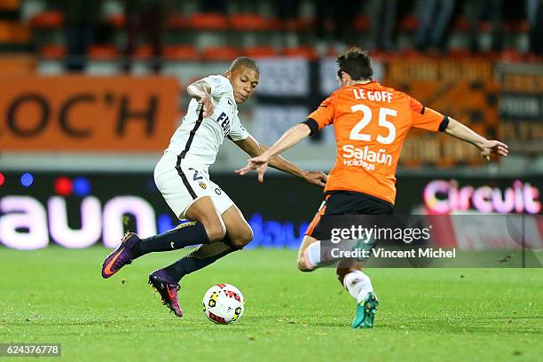 Kylian Mbappe of Monaco and Vincent Le Goff of Lorient during the Ligue 1 match between Fc Lorient and As Monaco at Stade du Moustoir on November 18,...