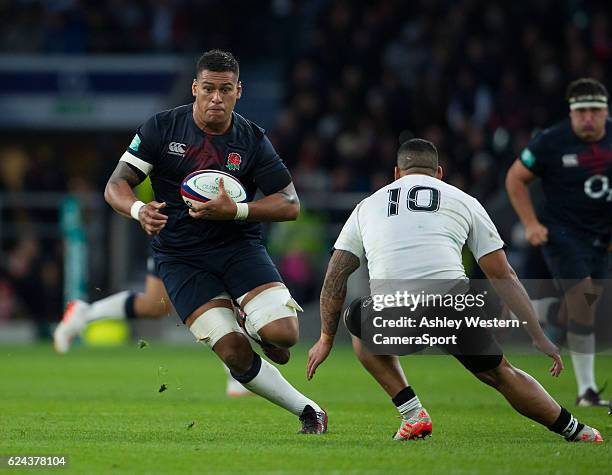 England's Nathan Hughes in action during the Autumn International match between England v Fiji at Twickenham Stadium on November 19, 2016 in London,...