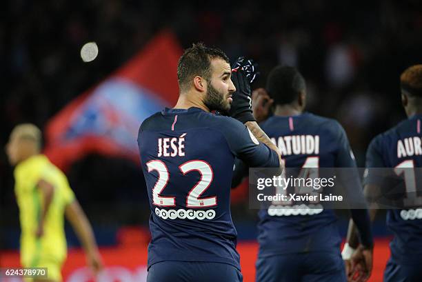 Jese Rodriguez of Paris Saint-Germain celebrate his first goal in Paris during the French Ligue 1 match between Paris Saint-Germain and FC Nantes at...