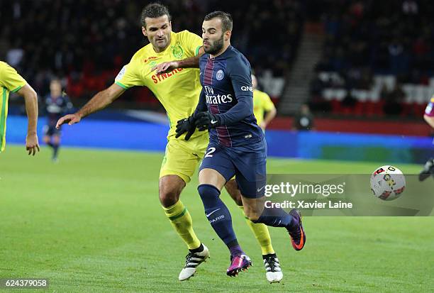 Jese Rodriguez of Paris Saint-Germain in action with Oswaldo Vizcarrondo of FC Nantes during the French Ligue 1 match between Paris Saint-Germain and...