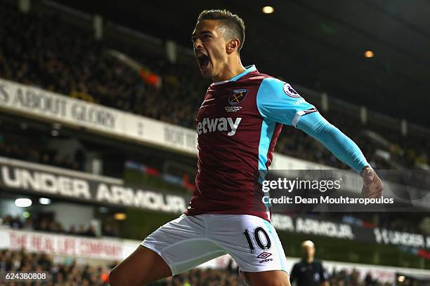 Manuel Lanzini of West Ham United celebrates scoring his sides second goal during the Premier League match between Tottenham Hotspur and West Ham...