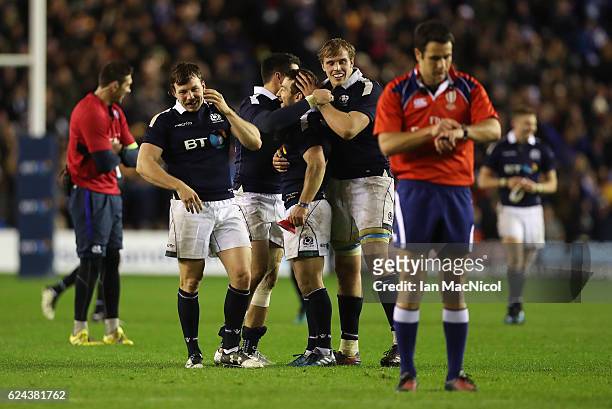 Greig Laidlaw of Scotland celebrates after he secures a last kick win during the Scotland v Argentina Autumn Test Match at Murrayfield Stadium...