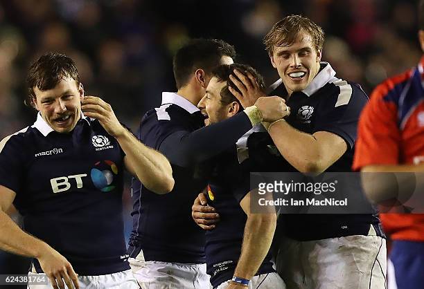 Greig Laidlaw of Scotland celebrates after he secures a last kick win during the Scotland v Argentina Autumn Test Match at Murrayfield Stadium...