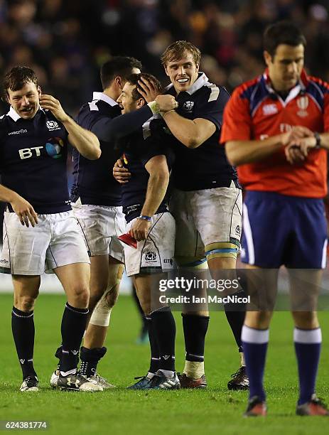 Greig Laidlaw of Scotland celebrates after he secures a last kick win during the Scotland v Argentina Autumn Test Match at Murrayfield Stadium...