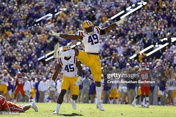 Arden Key of the LSU Tigers celebrates a sack during the first half of a game against the Florida Gators at Tiger Stadium on November 19, 2016 in...