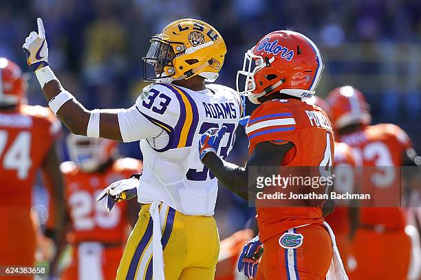 Jamal Adams of the LSU Tigers reacts after breaking up a pass intended for Brandon Powell of the Florida Gators during the first half of a game at...