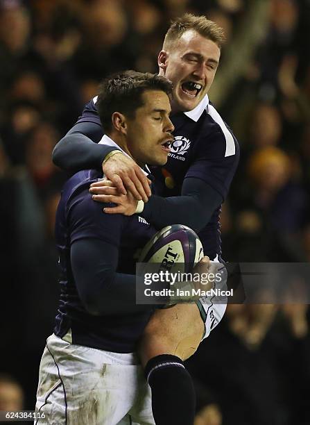 Sean Maitland of Scotland celebrates with Stuart Hogg of Scotland after he scores a try during the Scotland v Argentina Autumn Test Match at...