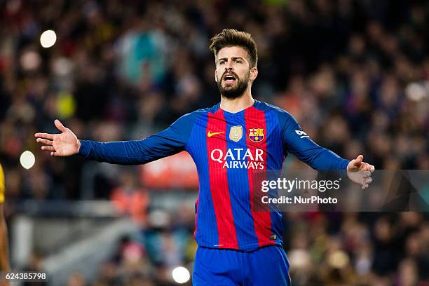 The FC Barcelona player Gerard Pique from Spain protesting a penaltie to the referee during the La Liga match between FC Barcelona vs Malaga CF at...