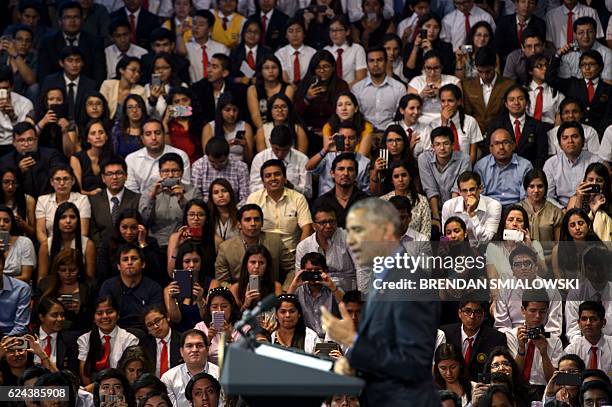 President Barack Obama speaks during a Young Leaders of the Americas Initiative town hall meeting at the Pontifical Catholic University of Peru...