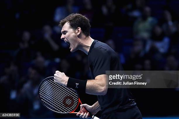 Jamie Murray of Great Britain celebrates scoring a point during his and Bruno Soares of Brazil men's doubles semi final against Raven Klaasen of...