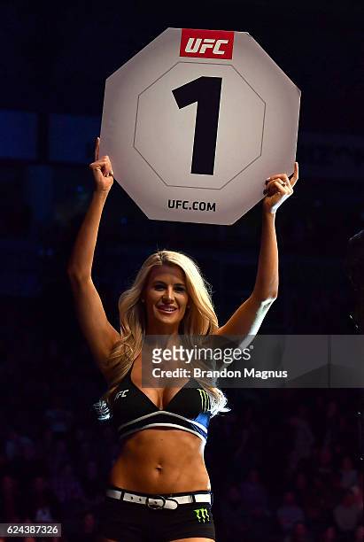 Octagon Girl Kristie Pearson introduces a round during the UFC Fight Night at the SSE Arena on November 19, 2016 in Belfast, Northern Ireland.