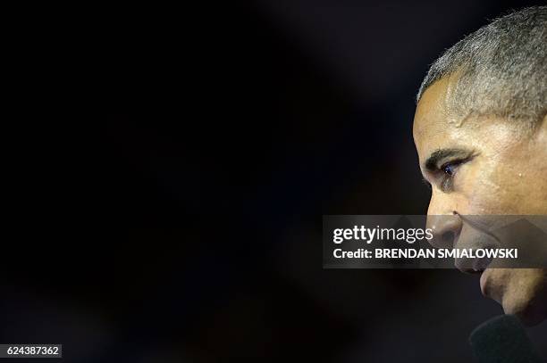 President Barack Obama speaks during a Young Leaders of the Americas Initiative town hall meeting at the Pontifical Catholic University of Peru...