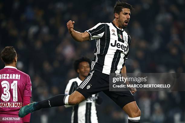 Juventus' German midfielder Sami Khedira celebrates after scoring a goal during the Italian Serie A football match between Juventus and Pescara at...