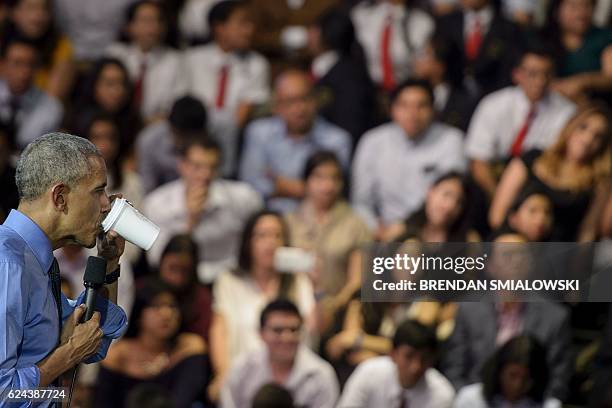 President Barack Obama speaks during a Young Leaders of the Americas Initiative town hall meeting at the Pontifical Catholic University of Peru...