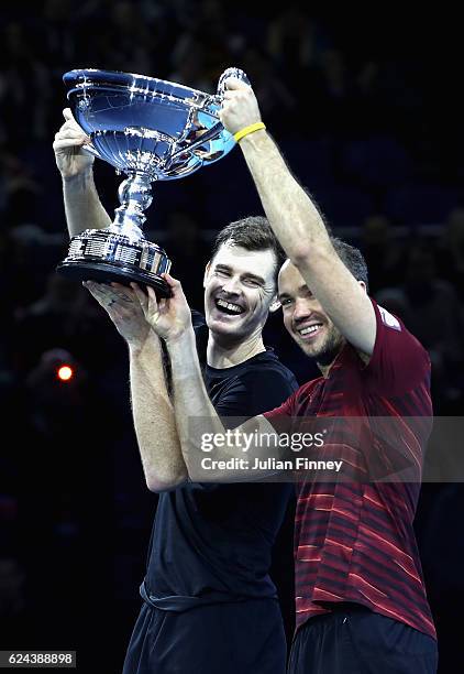 Jamie Murray of Great Britain and Bruno Soares of Brazil celebrate being crownd the Number 1 Men's Doubles Team in the world after their men's...